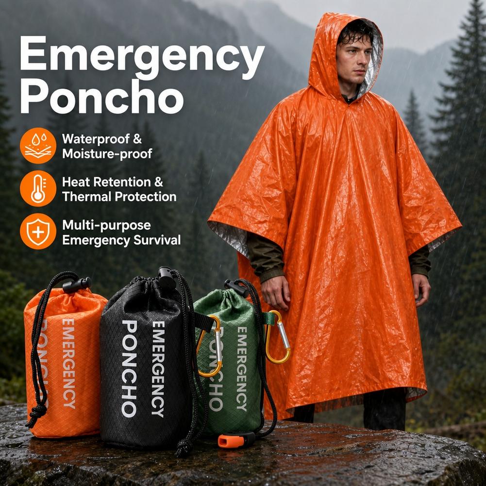 Camping Rain Poncho - 휴대용 비상용 우비 세트: 방수 후드형